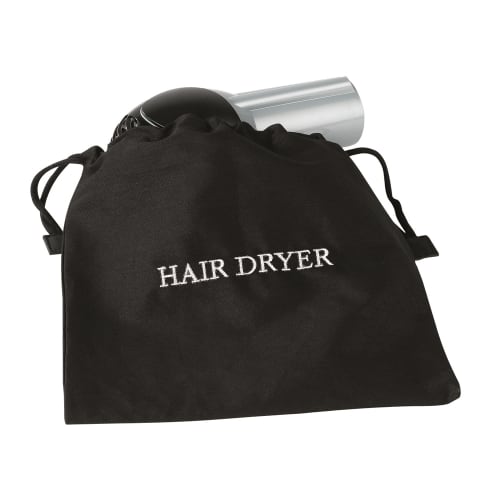 Hair Dryer Bag, Fire Retardant Fabric, Black Bag with White Embroidery